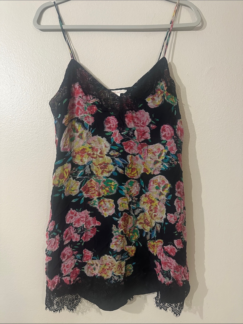Ella moss Floral Lace Trim Satin Cami Slip - Black with Pink & Yellow Flowers S